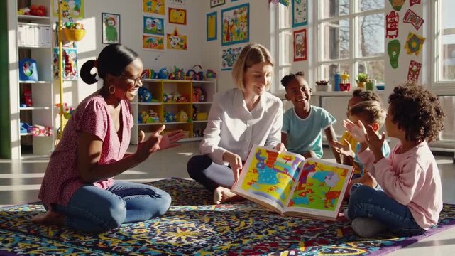 black teacher and white assistant leading mixed children in circle, interactive storytime on patterned carpet, clapping and singing, big picture book pages turned, warm sunlight and joyful learning