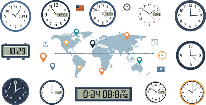 World time zones concept with analog and digital clocks, global map with time markers, business schedule planning, international communication and timezone management vector illustration
