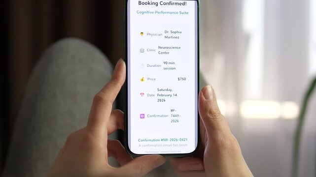 Booking a premium neuroscience appointment on smartphone. Close-up of a patient scheduling a 90-minute neurofeedback session. Clean digital appointment process showing price, doctor info, and
