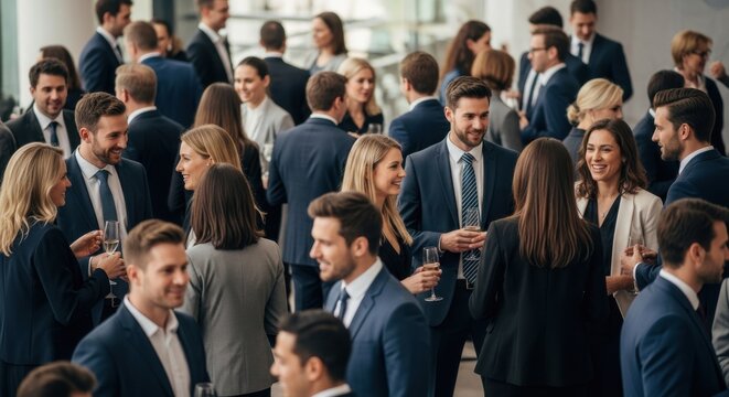 Diverse Group of Business Professionals Networking and Socializing with Drinks at a Corporate Event for Professional Relationship Building