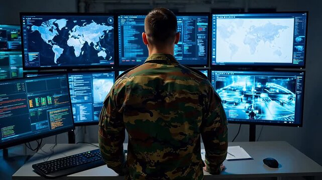 Person in military uniform working with multiple monitors