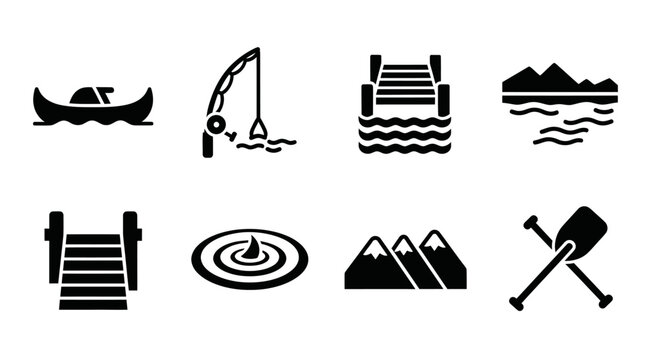 Lake and Mountain Icons: Canoe, Fishing, Dock, Water, Mountains, Oars