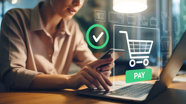 A person engaged in online shopping using a smartphone and laptop with glowing digital payment icons on a warm lit desk