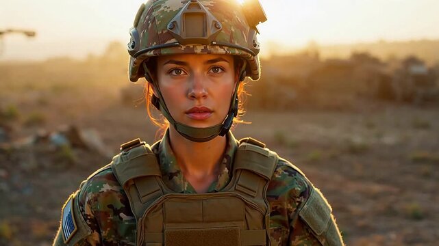 Soldier in military gear at sunset