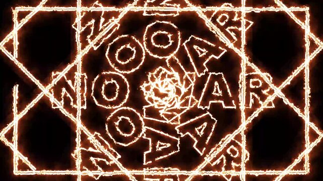 Glowing No War message with fiery abstract geometric pattern