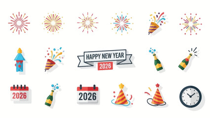 Obraz premium Happy New Year 2026 Icons: Fireworks, Confetti, Champagne, Party Hats, Calendar, Clock