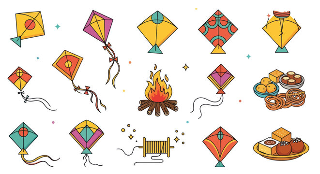 Colorful Kites, Bonfire, and Sweets - Indian Festival Celebration Vector Illustration