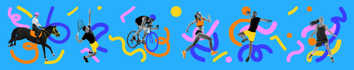 Athletes performing different sports isolated on light background with dynamic graphic elements....