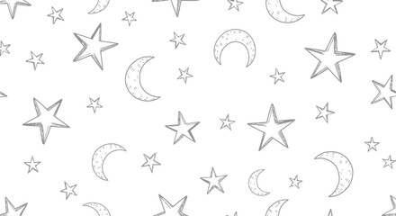 Whimsical Hand-Drawn Stars and Moons Seamless Pattern, Cute Celestial Background © Rizal