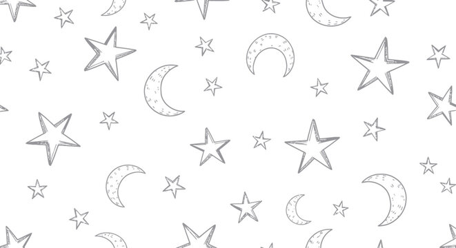 Whimsical Hand-Drawn Stars and Moons Seamless Pattern, Cute Celestial Background