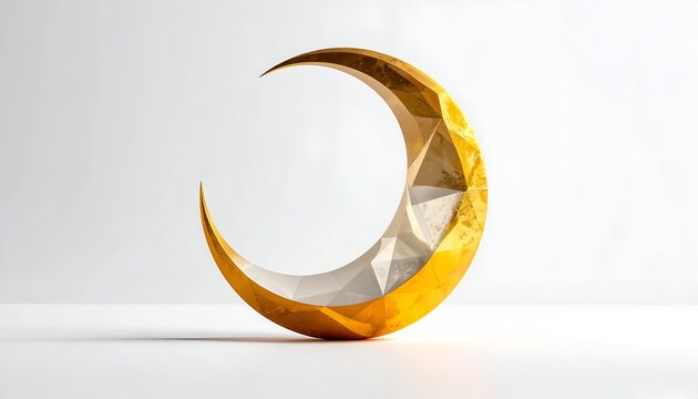 A golden, faceted crescent moon on a white surface, contrasting light and shadow
