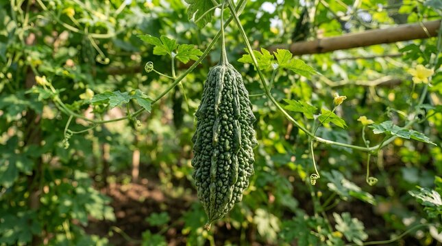 Ripe bitter melon hanging from a lush green vine in a sunny garden setting.