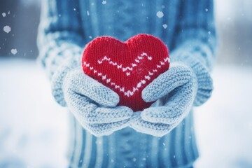 Fototapeta premium Hands wearing woolen gloves holding a vibrant red knitted heart in falling snow