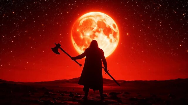 Silhouette of figure with axe and sword under red moon