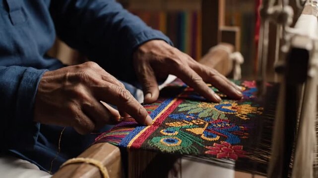 Artisan Hands Weaving Intricate Colorful Textile Pattern on Traditional Loom Craftsmanship Close Up