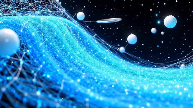 Blue abstract wave with spheres and connections