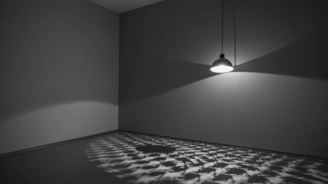 Empty corner lit by pendant lamp, moody monochrome interior with patterned shadows on floor, hanging lamp casts geometric light beams across walls, cinematic dramatic lighting creates suspenseful
