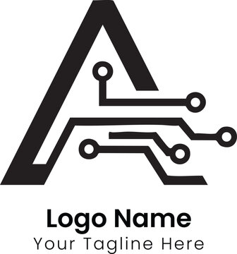 A logo design features a large letter with circuit board lines and dots on a white background.
