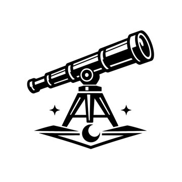 Black and white vector illustration of a classic telescope on a tripod. Features a crescent moon and sparkling stars, symbolizing astronomy, scientific discovery, space exploration, and the night sky.