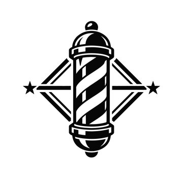 Classic barber pole logo with bold black and white stripes, framed by a striking geometric diamond shape featuring prominent stars on each side, symbolizing traditional male grooming, salon services,