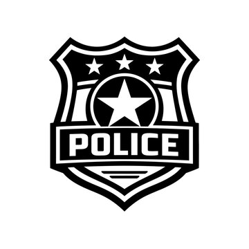 Black and White Police Badge Logo Vector: Classic Shield Emblem with Bold Stars and 'POLICE' Text. Symbolizes Law Enforcement, Authority, Security, Justice, Public Safety, and Protection. Ideal for Of