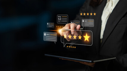 Customer centric review and rating system supports product review, digital rating concept, and...