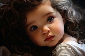 Naklejka premium Young girl with dark curly hair and large eyes looking at viewer