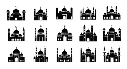 mosque icons, islamic architecture, black silhouettes © Rizal