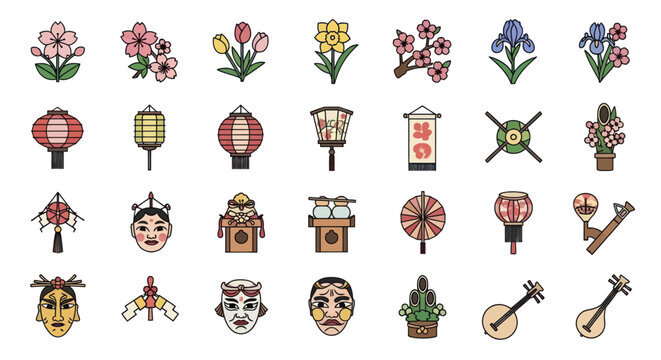 japanese culture icons set