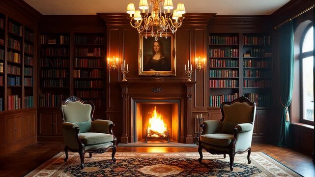 Luxury library with fireplace and bookshelves