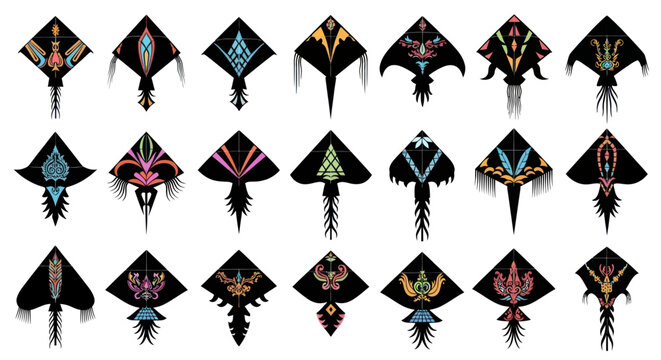 colorful kite designs, kite patterns, black kite silhouettes