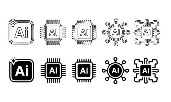 
Set of Artificial Intelligence Chip and Processor Icons with Circuit Board Design, AI Technology Symbol Collection in Outline and Solid Style for Tech and Digital Concepts