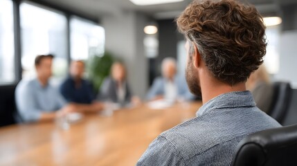 A man in a grey shirt is seen from behind facing a blurred group of professionals in a modern office conference room during a business meeting