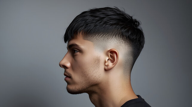 Side profile of a young man with a stylish modern skin fade haircut and dark hair against a neutral gray background.