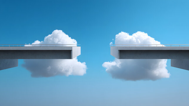 Conceptual 3D illustration of a broken concrete bridge over white fluffy clouds against a clear blue sky, symbolizing challenges or gaps.
