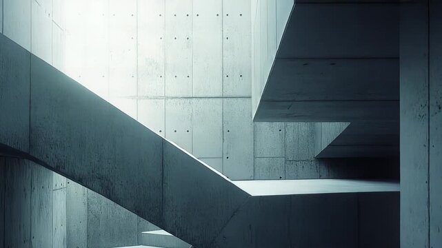 Clean architectural composition featuring geometric concrete forms creating an upward moving staircase bathed in natural light, emphasizing minimalism and stark shadow play