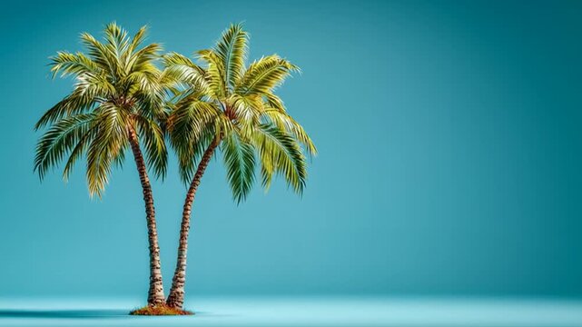 Two palm trees gently leaning, on a flat blue background, with space for copy