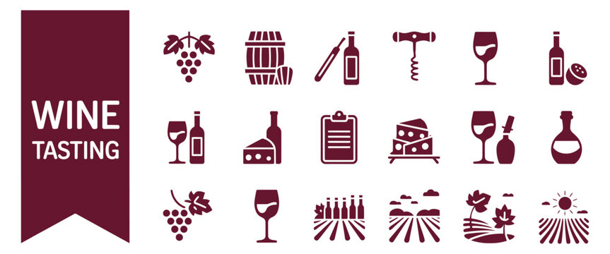 wine tasting icon set featuring grapes, barrels, corkscrews, bottles, glasses, cheese, decanters, and vineyards, flat vector illustration, winery tours,elegant beverage design elements for print 