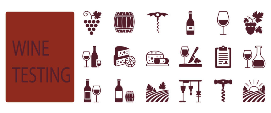 wine tasting icon set featuring grapes, barrels, corkscrews, bottles, glasses, cheese, decanters, and vineyards, flat vector illustration, winery tours,elegant beverage design elements for print 