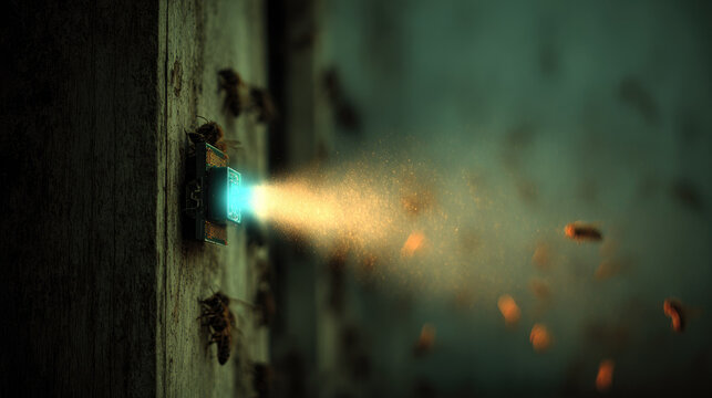 Smart beehive monitoring system glowing sensor wooden hive honeybee technology innovation agriculture data swarm illuminated futuristic closeup nature digital