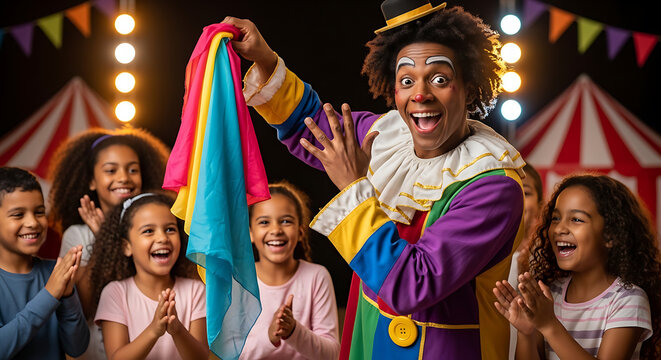 Joyful clown performing magic trick for laughing children at circus show