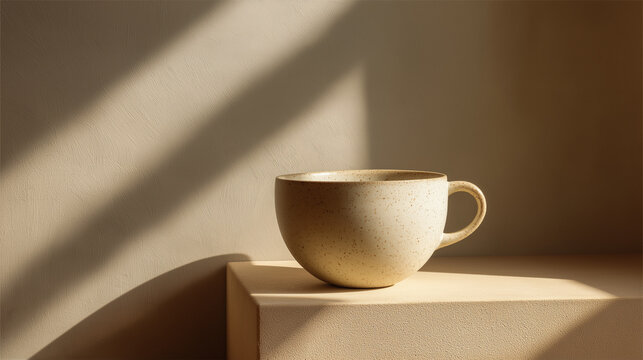 A simple ceramic cup rests on a textured surface with dramatic sunlight casting shadows across the wall, evoking a sense of calm and warmth