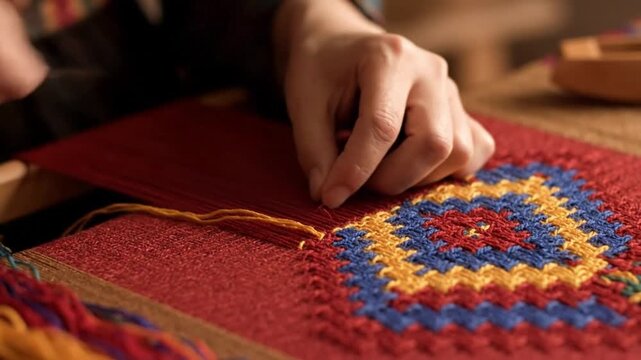 Artisan Hands Weaving Detailed Textile Pattern Using Traditional Craftsmanship Techniques Indoors