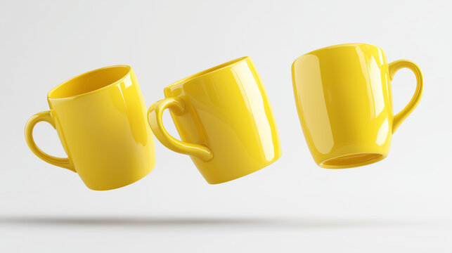 Three bright yellow mugs are floating in the air against a clean white background, creating a sense of motion and lightness