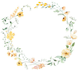 Fototapeta premium Round floral wreath with yellow watercolor wildflowers and leaves, hand drawn wedding illustration