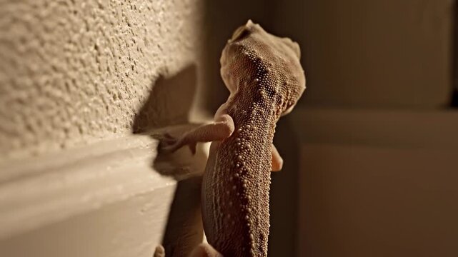 A close-up of a gecko climbing a textured wall in warm lighting, showcasing its unique skin patterns and details