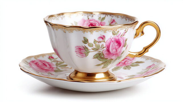 A delicate porcelain teacup and saucer adorned with pink roses and gold trim