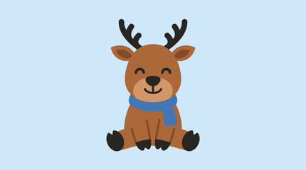 Adorable cartoon reindeer with blue scarf sitting happily on a light blue background, perfect for festive winter designs. © Abhinaya Project