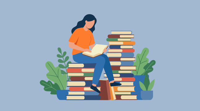 A woman with dark hair sits on a large stack of books, engrossed in reading another book, surrounded by many more book piles and potted plants.