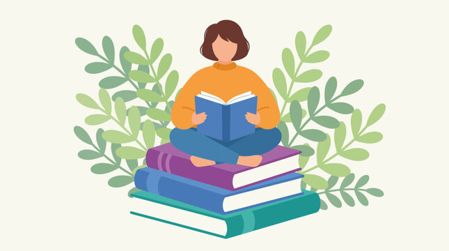 An illustration of a woman sitting cross-legged on a stack of books, engrossed in reading, surrounded by lush green foliage, symbolizing knowledge, learning, and peaceful leisure.